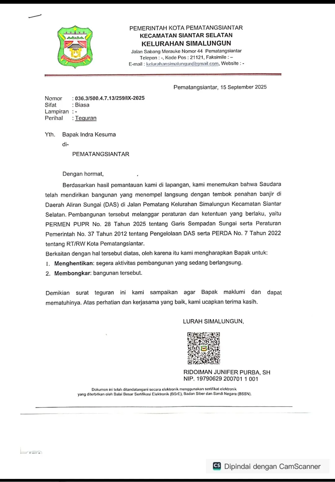 Bangunan di Atas Tembok Penahan Sungai Bah Bolon Harus Dibongkar