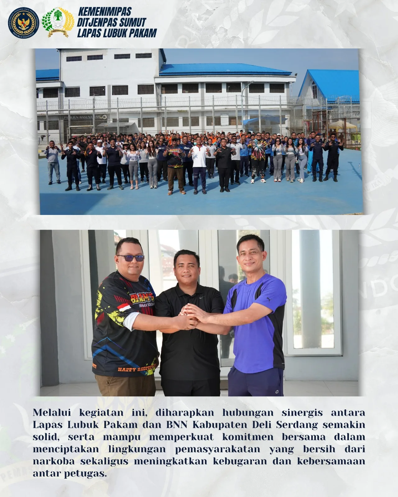 Ket Foto : Kalapas Kelas IIB Lubuk Pakam, Hakim Sanjaya (tengah), melakukan jabat tangan komitmen bersama Kepala BNNK Deli Serdang, Kombes Pol. Dr. Josua Tampubolon (kiri), dan Kepala Loka Rehabilitasi BNN, Jery Aulia (kanan).